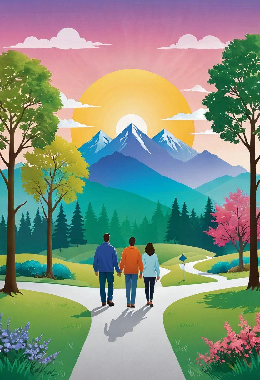 A serene landscape illustrating a family standing at a crossroads, each path symbolizing different policy options, with a protective shield hovering above them for safety. Incorporate subtle icons representing various policies along the path, like a home, health, and car insurance. The family appears thoughtful yet confident, emphasizing peace of mind. Soft, inviting colors enhance the feeling of security and wisdom. vibrant colors. 3D.